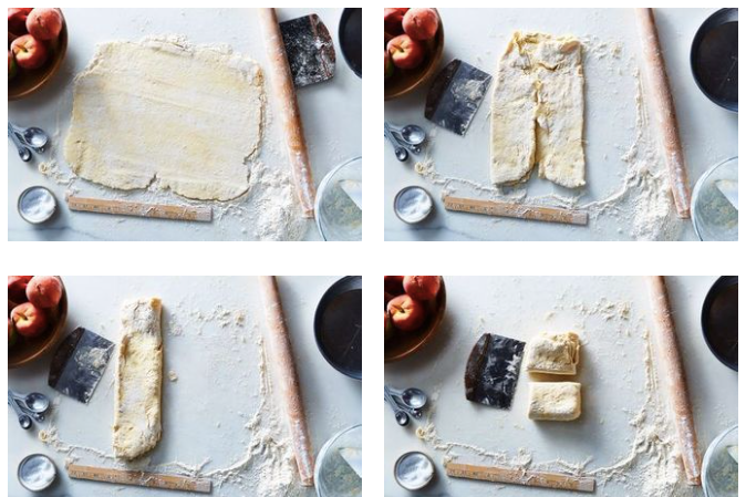 Four images show a lump of dough rolled out, into a square, then folded in on itself.